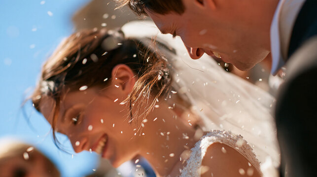 Happy wedding photography of a bride and groom at their ceremony, traditional rice and grain toss celebration, with copy space