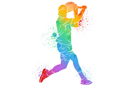 Dynamic silhouette of a male tennis player executing a powerful two handed backhand stroke with colorful paint splatter