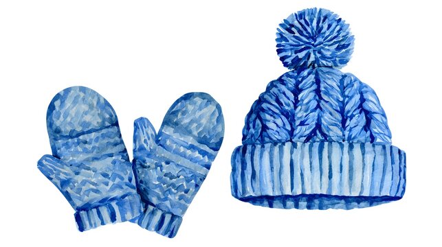 Blue watercolor wool beanie hat and matching mittens on white