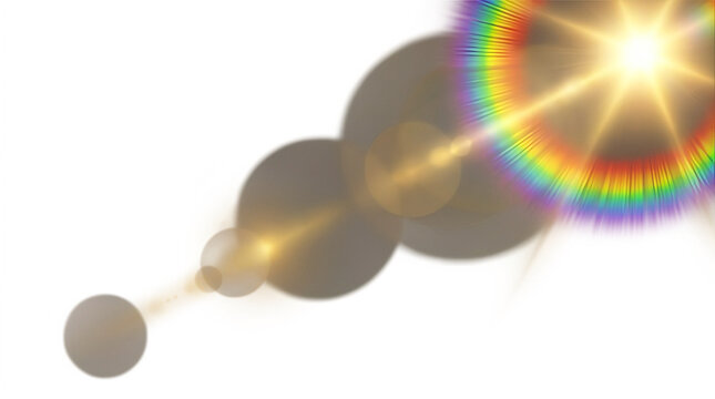 Bright lens flare light flash with rainbow spectrum and linear glare on transparent background. Sunlight light effect with rainbow refraction and bokeh blur for photo overlay and design.