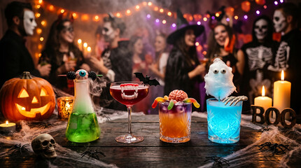 Fototapeta premium Spooky Halloween party scene with costumed people, glowing pumpkin, eerie drinks, and cobwebs, symbolizing festive fright and celebration