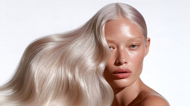 Luxury haircare beauty portrait featuring flowing platinum blonde hair, subtle smoky lavender undertones, silky waves, luminous glossy texture, refined pastel coloring, radiant healthy shine.