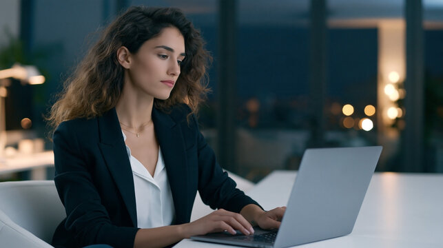 Woman in black blazer working on laptop at a table in a softly lit modern office interior with evening city lights in the background