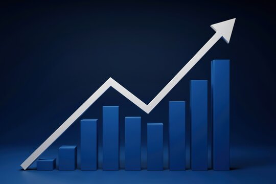 3d bar chart with rising trend arrow on dark blue background