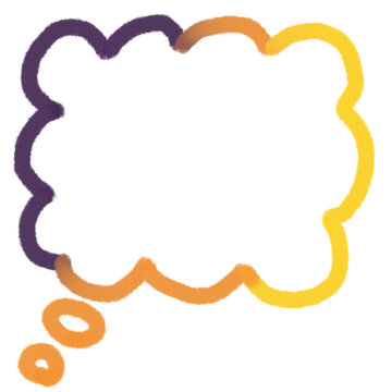 Hand-drawn cloud-shaped thought bubble with purple, orange and yellow crayon outline on transparent background