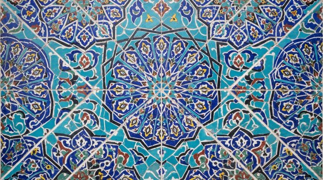 Generated with AI symmetrical Persian ceramic tilework mosaic pattern with blue turquoise white star design.