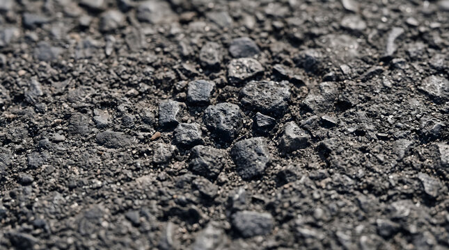 Detailed close up macro shot of rough asphalt texture featuring dark pavement aggregate and road surface details