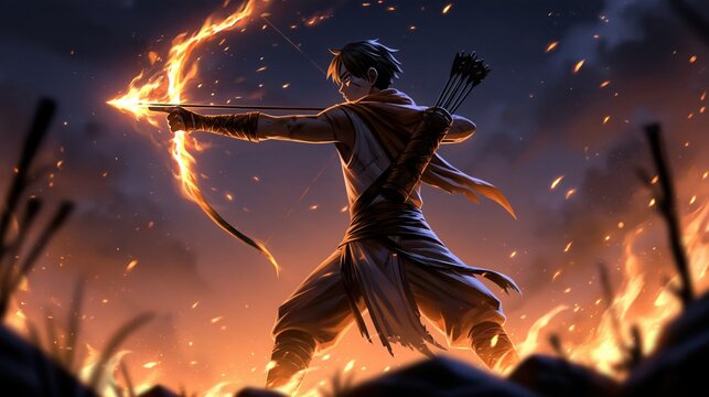 A warrior drawing a flaming arrow with a bow, ready to strike in a fiery battlefield