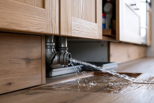 Water leaking from a broken pipe under a kitchen cabinet, creating a puddle on the floor