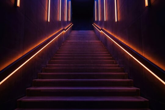 Illuminated staircase leading into darkness with glowing orange handrails and vertical wall lights