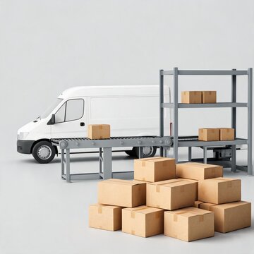 Logistics and delivery van with conveyor belt and cardboard boxes