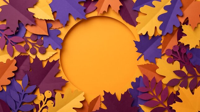 Autumn leaves and berries border with a central orange circle