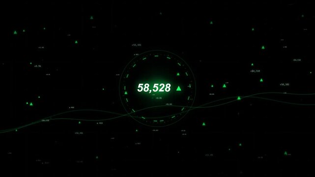 Financial market dashboard interface displaying green growth ticker with rising price indicator and buy signal notifications on dark digital grid for economic trading and investment