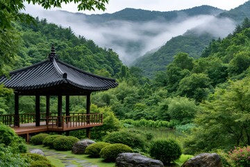 Obraz premium Korean pavilion in lush garden with misty mountains