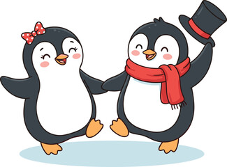 Fototapeta premium Cute Dancing Penguin Couple Vector Illustration Featuring a Winter Scarf Top Hat and Polka Dot Bow for Romantic Holiday and Christmas Card Designs