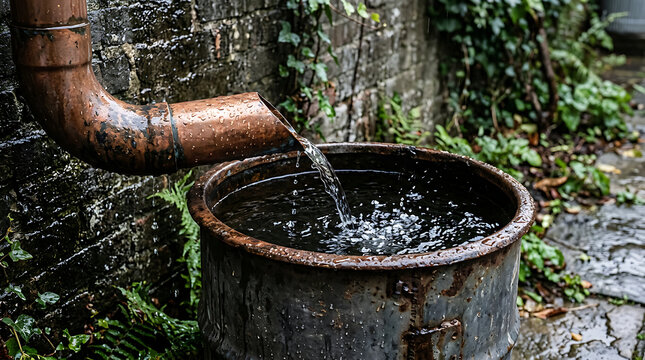 Rusty outdoor water barrel connected to a drain pipe with mossy foliage surrounding it in a natural setting