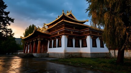 Obraz premium Traditional Tibetan monastery with golden roof and white walls surrounded by trees under dramatic twilight sky