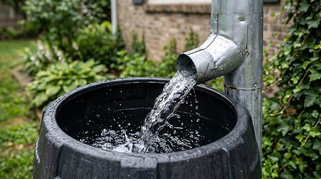 Close-up of outdoor water drainage system capturing flowing water into a black basin amidst garden greenery