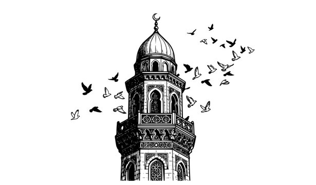 Black and white Islamic mosque minaret with flying pigeons architectural vector illustration