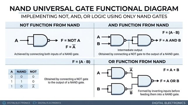 NAND gate logic diagram illustrating NOT AND OR functions for digital