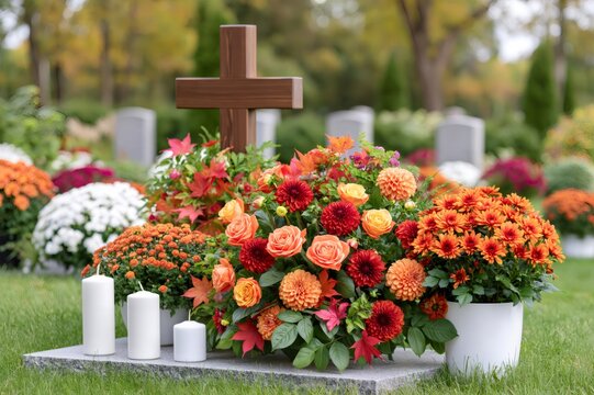 Grave decorated with autumn flowers, candles, and christian cross