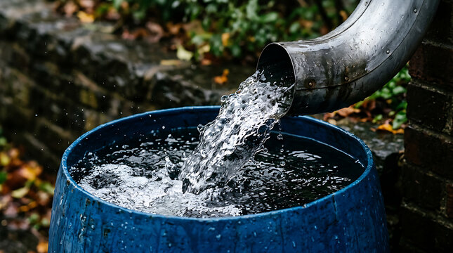Flowing water from a metallic pipe into a blue barrel surrounded by autumn leaves outdoor scene