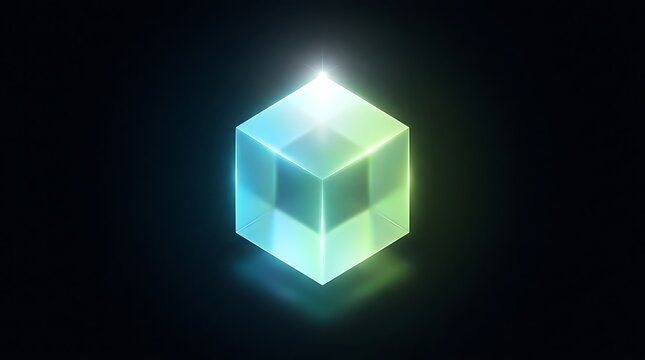 Glowing translucent cube with soft blue and green light gradients, isolated on a solid black background, 3 d render of a geometric shape