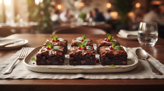 Chocolate Brownies with Berries and Mint dessert baked goods