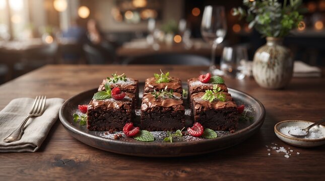Chocolate Brownies with Raspberries and Mint dessert