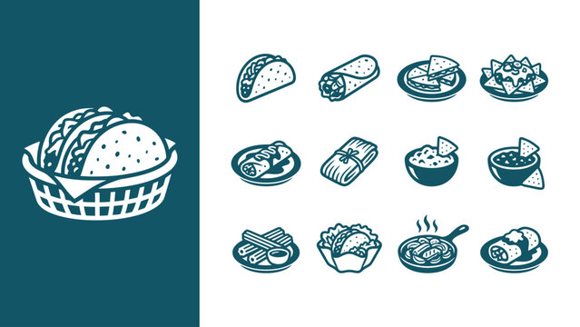 Collection of Mexican food icons including tacos, burritos, nachos, and quesadillas in a clean two-tone minimalist vector style for restaurant menu design and culinary branding.