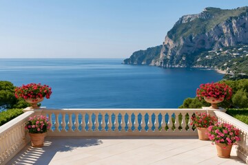 Fototapeta premium Capri island terrace with Mediterranean Sea view and flowers