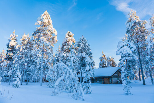 Landschaft im Winter mit Holzhaus und Wald in &Auml;k&auml;slompolo, Finnland