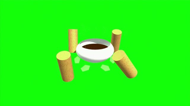 3D animated cassava tubers and dip bowl rotating on green screen