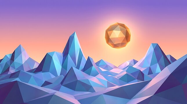 Low poly geometric mountains with a glowing sun at sunset