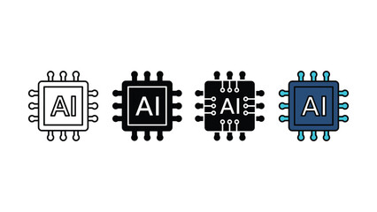 Fototapeta premium Set of artificial intelligence microprocessor chip icons in different flat linear styles