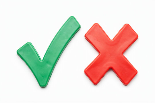 Green check mark and red cross symbols on white background with yes no red x choice design validation
