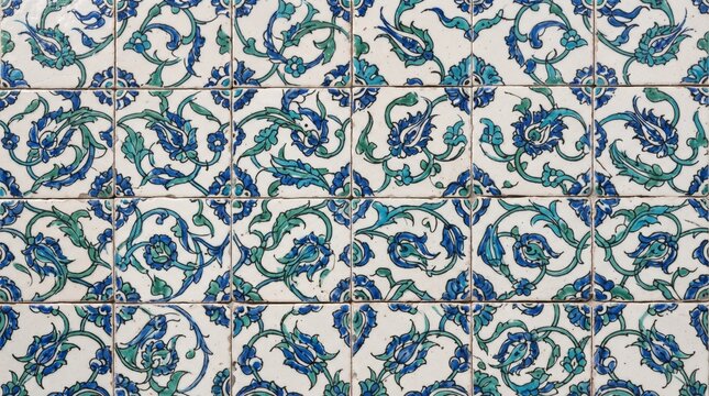 Generated with AI Seamlessly arranged Armenian ceramic tiles with intricate turquoise and blue leaf vine decorations.