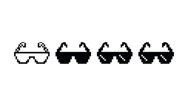 Set of four pixel art style sunglasses icons isolated on white background