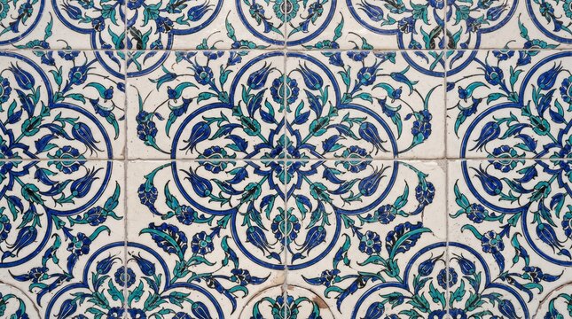 Generated with AI Four-fold symmetrical floral mandala pattern in blue and turquoise tones on glazed Armenian ceramic tiles.