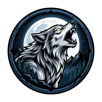 Detailed vintage illustration of a howling wolf against a dramatic mountain landscape under a night sky, presented inside a circular emblem with bold outlines