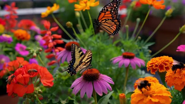 Monarch butterflies flutter among vibrant wildflowers in a colorful garden butterfly insect wildflower flower orange pink