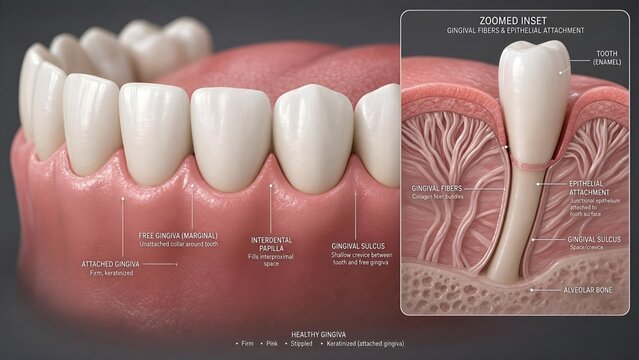 Detailed dental model depicting healthy gingival anatomy including marginal tissue, papilla, sulcus, and a close-up inset highlighting supporting fibers and epithelial attachment