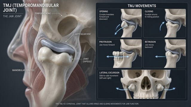 3d medical illustration of tmj model showing mandibular condyle, articular disc, temporal bone, and joint capsule, with zoomed inset of jaw movements like opening and protrusion