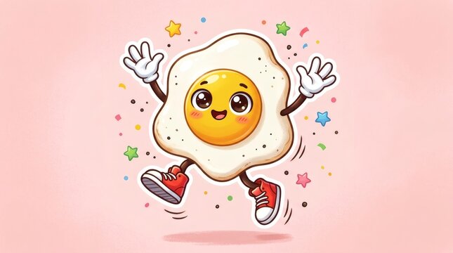 Cute fried egg mascot wearing red sneakers and waving hands surrounded by colorful confetti for breakfast promotion.