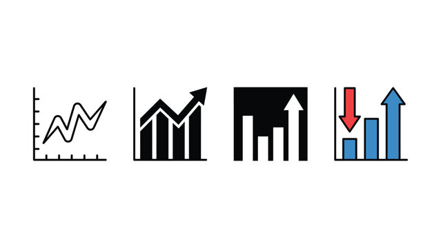 Set of four business finance icons featuring various line and bar growth charts with arrows for data analysis and reporting