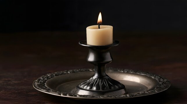 A single lit candle in a dark metal holder rests on an ornate silver tray against a deep brown wooden surface