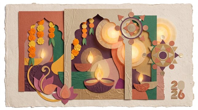 festive graphic design, a tactile diwali poster featuring layered diyas, marigolds, and abstract rangoli