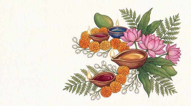 festive floral illustrations, a sophisticated illustration featuring glowing diyas amidst vibrant floral elements