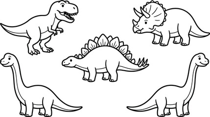 Set of cute cartoon dinosaur characters in black and white line art © rayhanbd.net