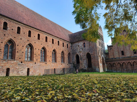 Historic Brick Gothic Abbey Exterior and Lawn Covered in Autumn Leaves